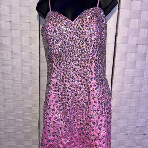 Elegant Pink Sequin & Rhinestone Beaded Evening Mini Formal Dress
